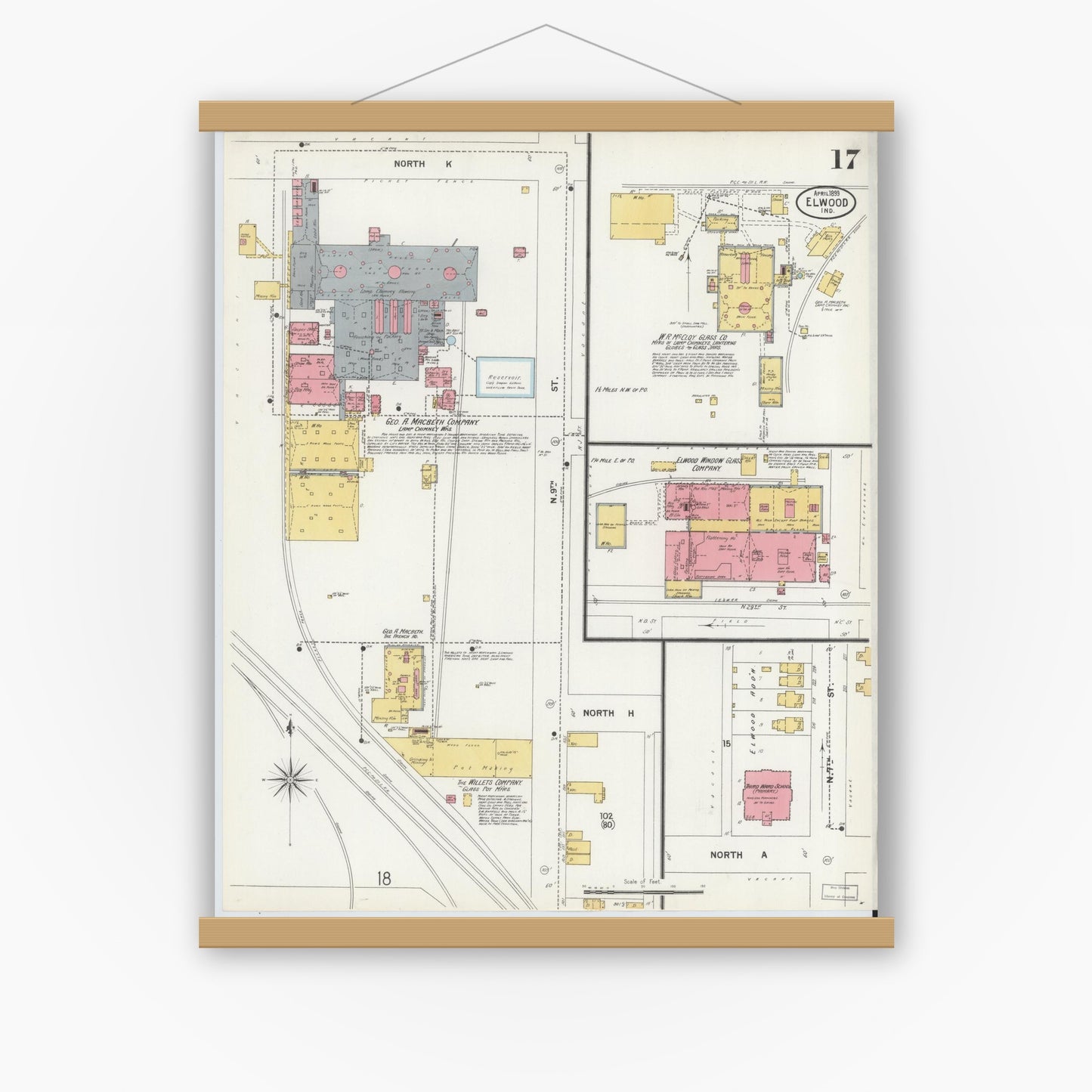 Old map wall art mockup — magnetic wood frame on white wall — Sanborn Fire Insurance Map from Elwood, Madison County, Indiana (1899), Sheet #0017