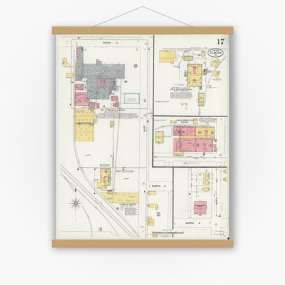 Old map wall art mockup — magnetic wood frame on white wall — Sanborn Fire Insurance Map from Elwood, Madison County, Indiana (1899), Sheet #0017