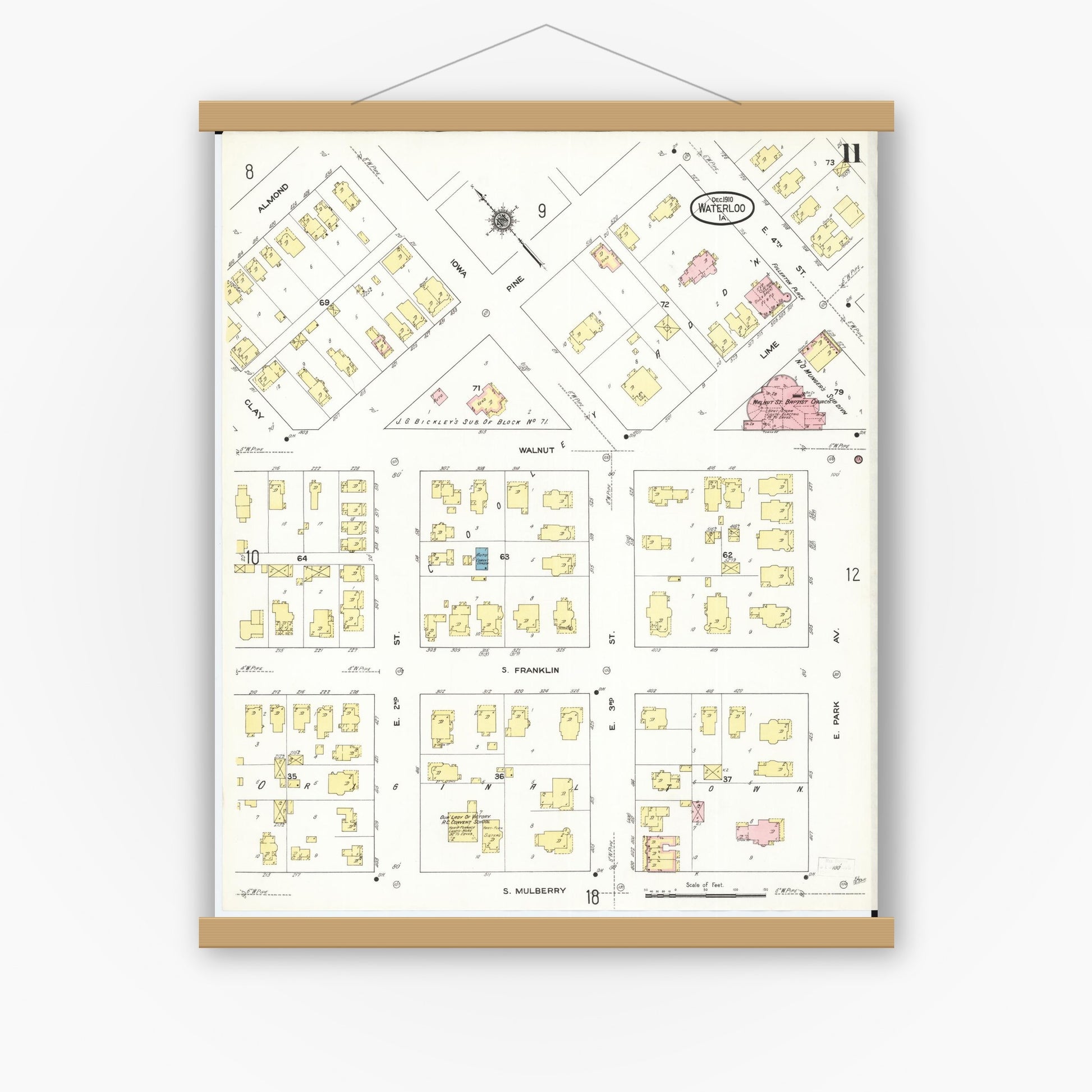 Old map wall art mockup — magnetic wood frame on white wall — Sanborn Fire Insurance Map from Waterloo, Black Hawk County, Iowa (1910), Sheet #0011