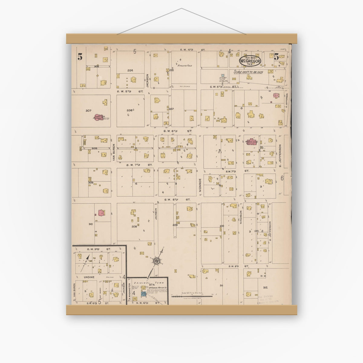 Old map wall art mockup — magnetic wood frame on white wall — Sanborn Fire Insurance Map from McGregor, McLennan County, Texas (1922), Sheet #0005