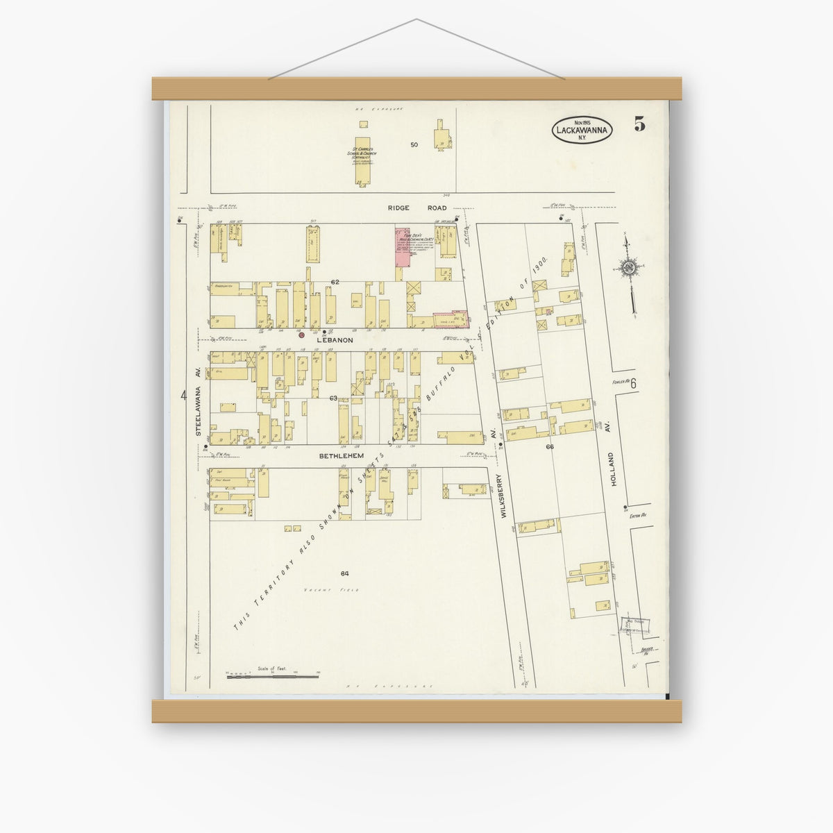 Old map wall art mockup — magnetic wood frame on white wall — Sanborn Fire Insurance Map from Lackawanna, Erie County, New York (1915), Sheet #0005