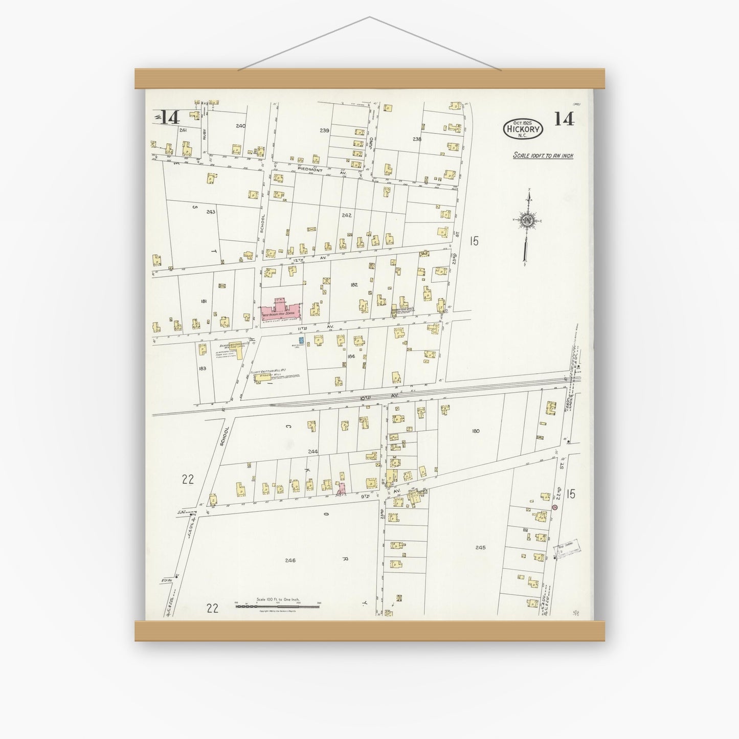 Old map wall art mockup — magnetic wood frame on white wall — Sanborn Fire Insurance Map from Hickory, Catawba County, North Carolina (1925), Sheet #0014
