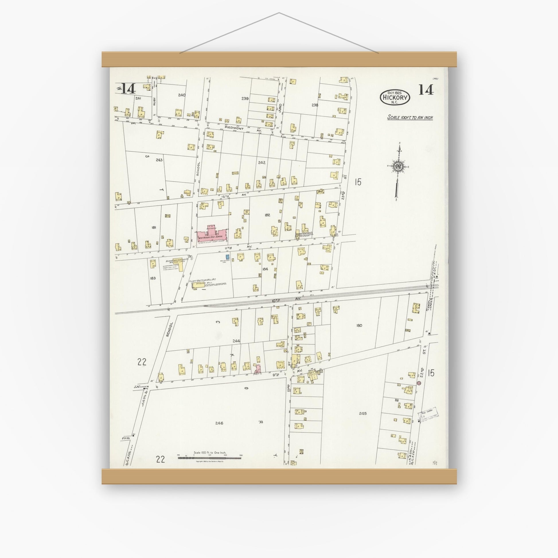 Old map wall art mockup — magnetic wood frame on white wall — Sanborn Fire Insurance Map from Hickory, Catawba County, North Carolina (1925), Sheet #0014