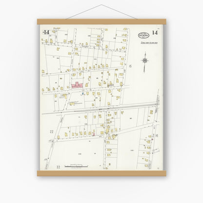 Old map wall art mockup — magnetic wood frame on white wall — Sanborn Fire Insurance Map from Hickory, Catawba County, North Carolina (1925), Sheet #0014