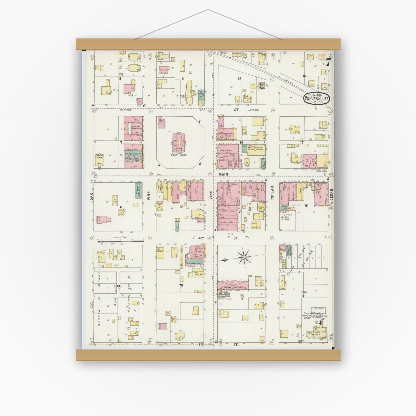 Old map wall art mockup — magnetic wood frame on white wall — Sanborn Fire Insurance Map from Poplar Bluff, Butler County, Missouri (1895), Sheet #0007
