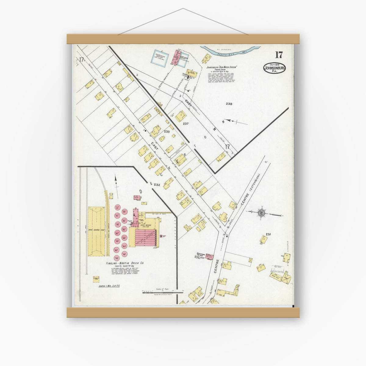 Old map wall art mockup — magnetic wood frame on white wall — Sanborn Fire Insurance Map from Johnsonburg, Elk County, Pennsylvania (1919), Sheet #0017