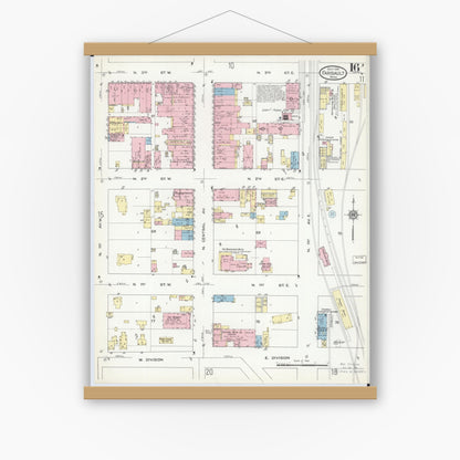 Old map wall art mockup — magnetic wood frame on white wall — Sanborn Fire Insurance Map from Faribault, Rice County, Minnesota (1914), Sheet #0016
