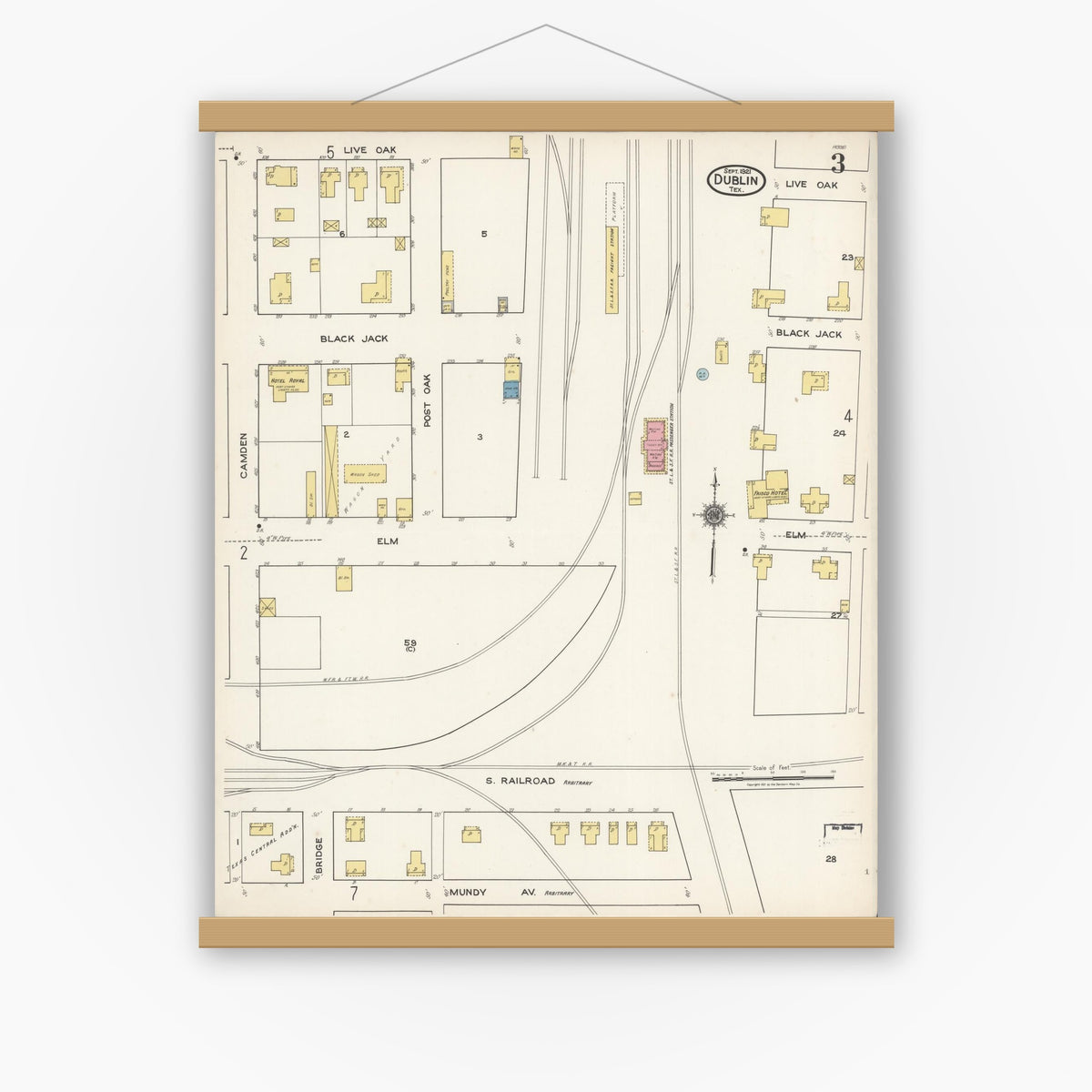 Old map wall art mockup — magnetic wood frame on white wall — Sanborn Fire Insurance Map from Dublin, Erath County, Texas (1921), Sheet #0003
