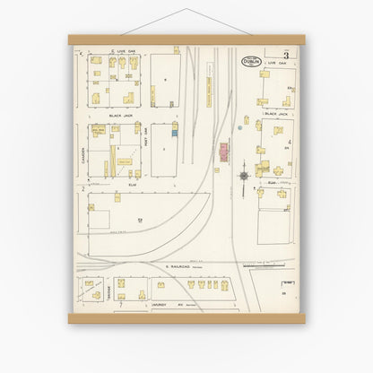 Old map wall art mockup — magnetic wood frame on white wall — Sanborn Fire Insurance Map from Dublin, Erath County, Texas (1921), Sheet #0003