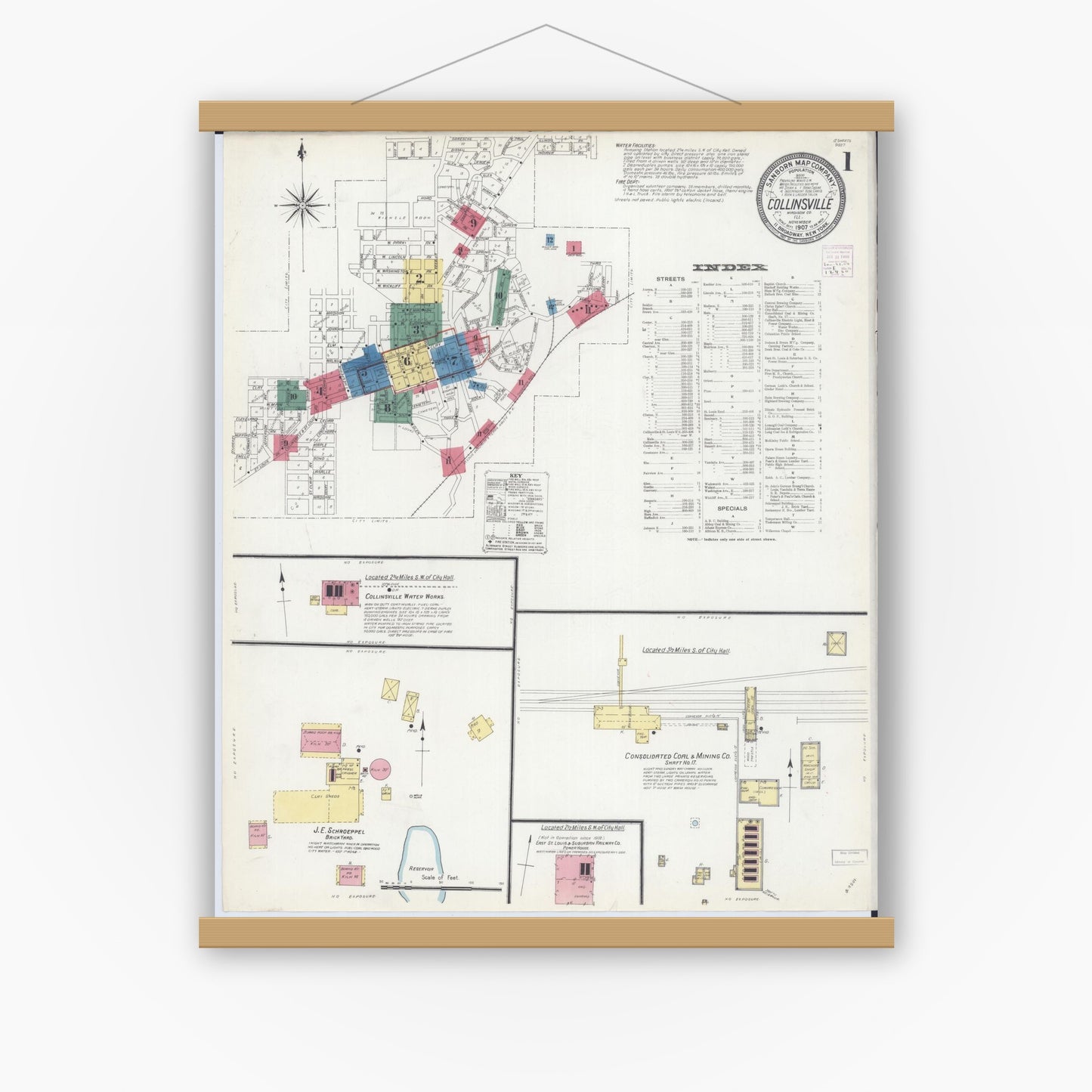 Old map wall art mockup — magnetic wood frame on white wall — Sanborn Fire Insurance Map from Collinsville, Madison County, Illinois (1907) - Complete Map Set