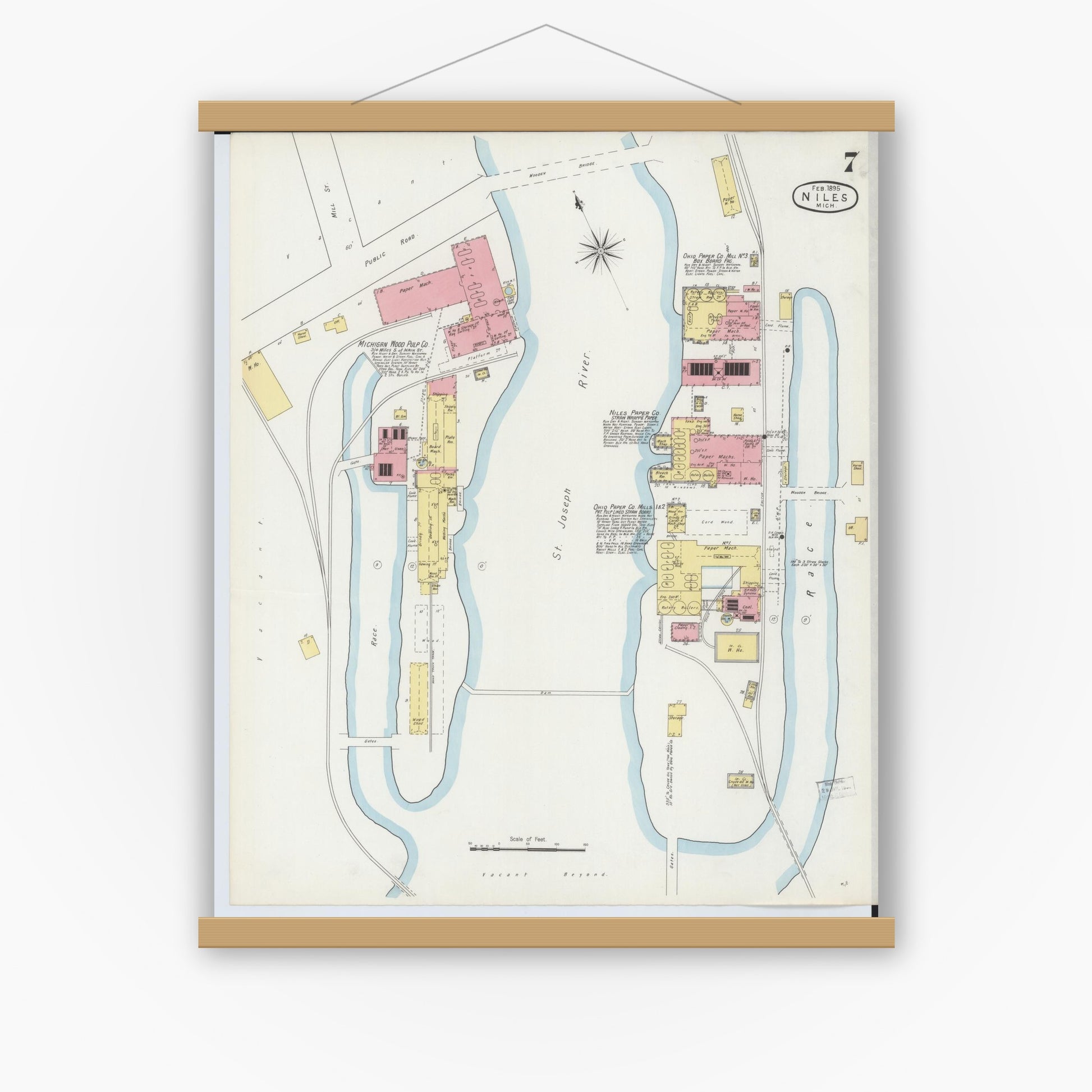 Old map wall art mockup — magnetic wood frame on white wall — Sanborn Fire Insurance Map from Niles, Berrien County, Michigan (1895), Sheet #0007