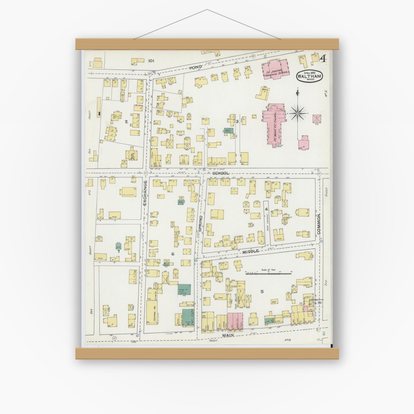 Old map wall art mockup — magnetic wood frame on white wall — Sanborn Fire Insurance Map from Waltham, Middlesex County, Massachusetts (1892), Sheet #0004