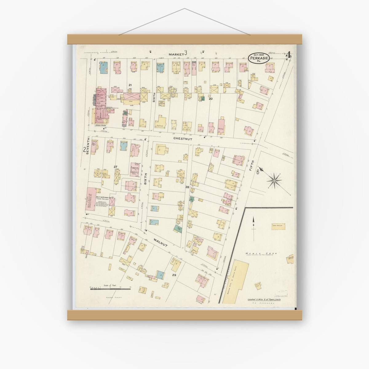 Old map wall art mockup — magnetic wood frame on white wall — Sanborn Fire Insurance Map from Perkasie, Bucks County, Pennsylvania (1908), Sheet #0004