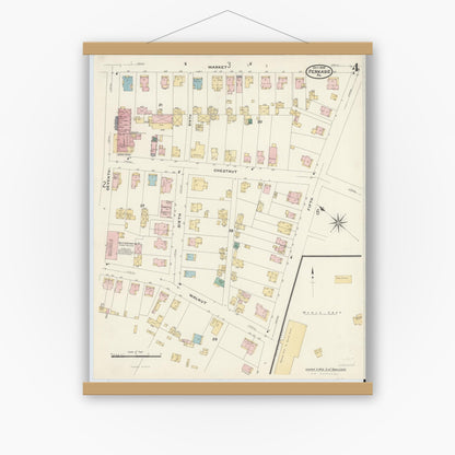 Old map wall art mockup — magnetic wood frame on white wall — Sanborn Fire Insurance Map from Perkasie, Bucks County, Pennsylvania (1908), Sheet #0004