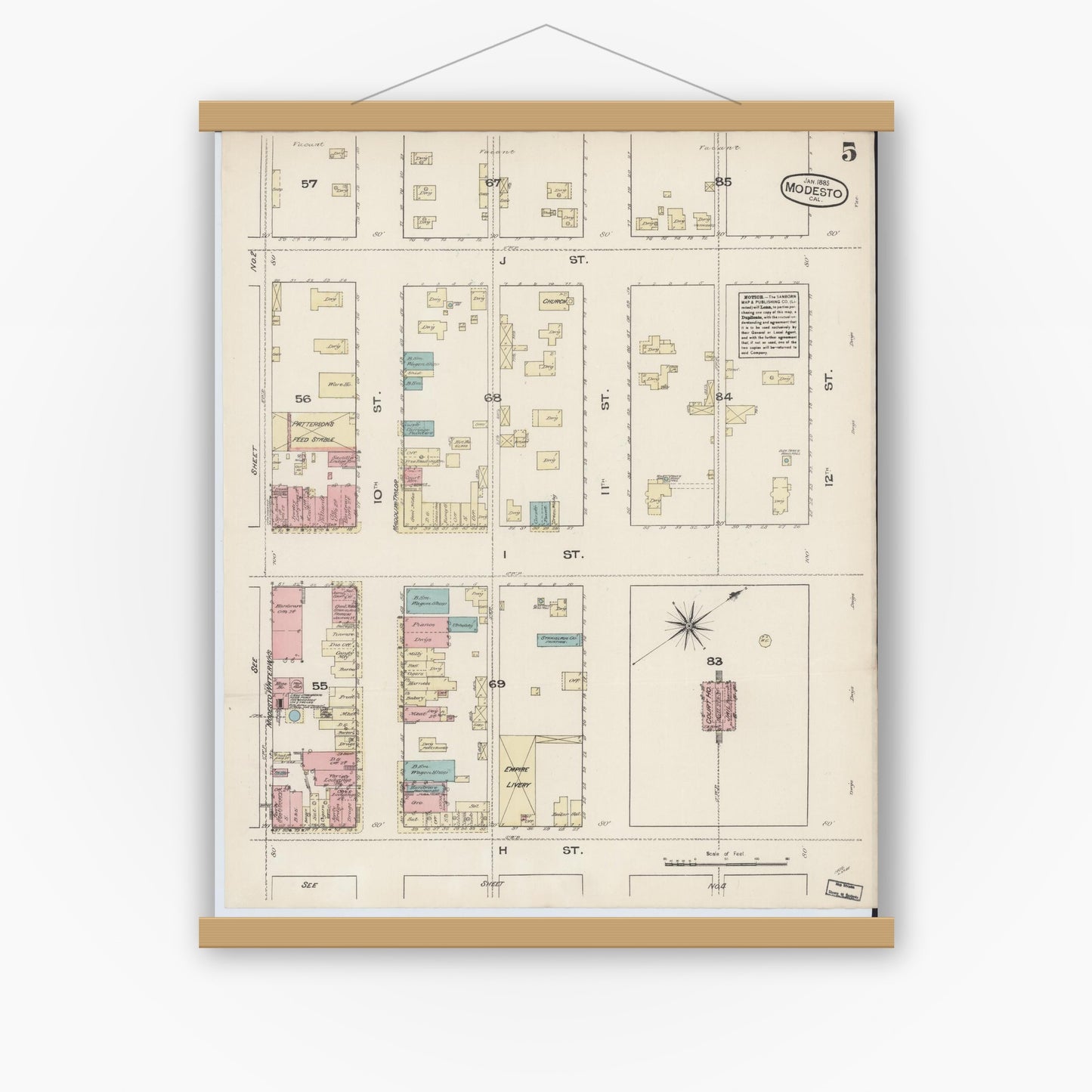 Old map wall art mockup — magnetic wood frame on white wall — Sanborn Fire Insurance Map from Modesto, Stanislaus County, California (1885), Sheet #0005