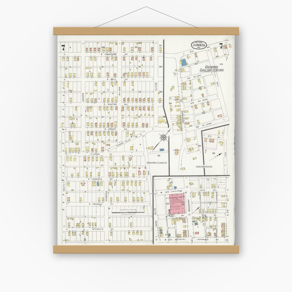 Old map wall art mockup — magnetic wood frame on white wall — Sanborn Fire Insurance Map from Juniata, Blair County, Pennsylvania (1925), Sheet #0007