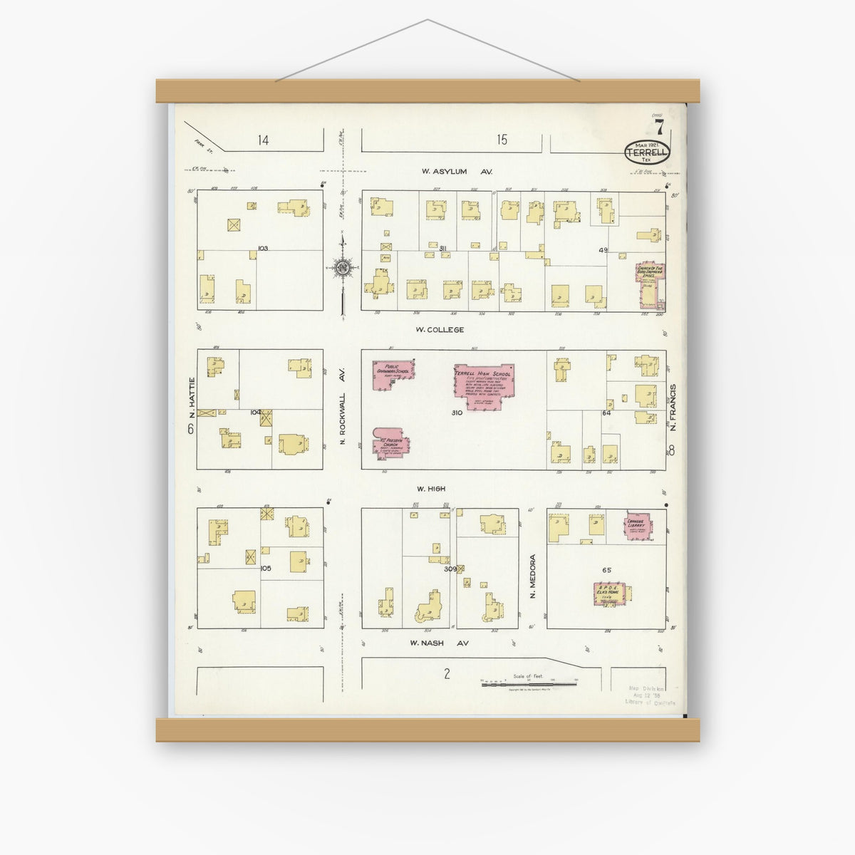 Old map wall art mockup — magnetic wood frame on white wall — Sanborn Fire Insurance Map from Terrell, Kaufman County, Texas (1921), Sheet #0007