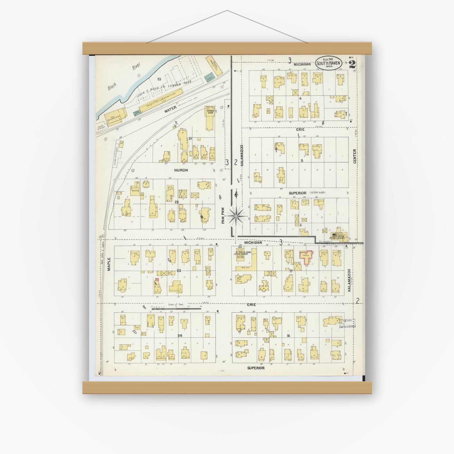 Old map wall art mockup — magnetic wood frame on white wall — Sanborn Fire Insurance Map from South Haven, Van Buren County, Michigan (1902), Sheet #0002