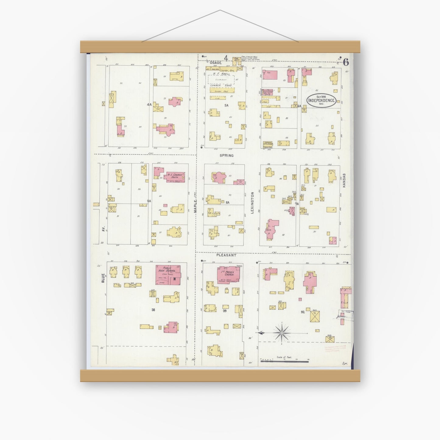 Old map wall art mockup — magnetic wood frame on white wall — Sanborn Fire Insurance Map from Independence, Jackson County, Missouri (1898), Sheet #0006