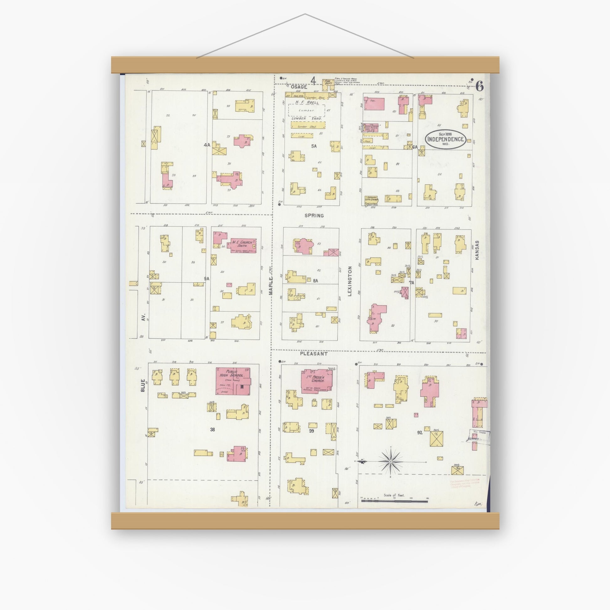 Old map wall art mockup — magnetic wood frame on white wall — Sanborn Fire Insurance Map from Independence, Jackson County, Missouri (1898), Sheet #0006