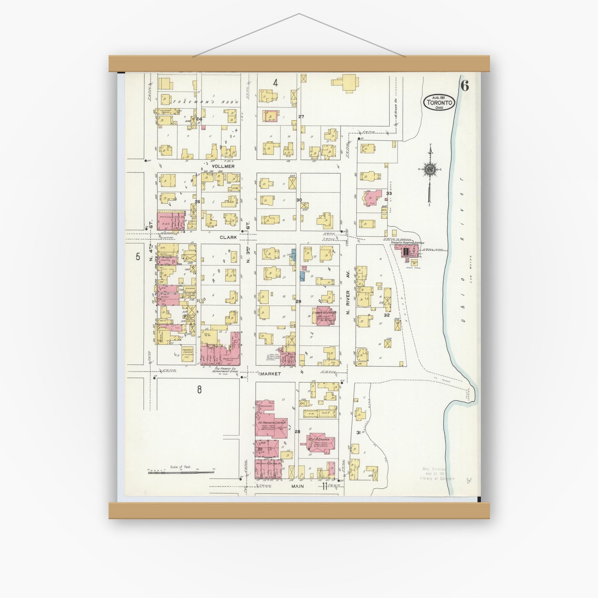 Old map wall art mockup — magnetic wood frame on white wall — Sanborn Fire Insurance Map from Toronto, Jefferson County, Ohio (1911), Sheet #0006