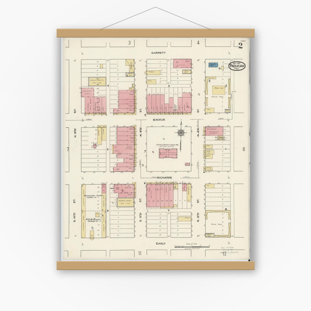 Old map wall art mockup — magnetic wood frame on white wall — Sanborn Fire Insurance Map from Paducah, Cottle County, Texas (1921), Sheet #0002