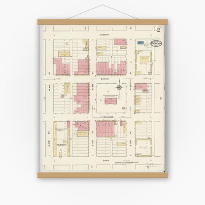 Old map wall art mockup — magnetic wood frame on white wall — Sanborn Fire Insurance Map from Paducah, Cottle County, Texas (1921), Sheet #0002