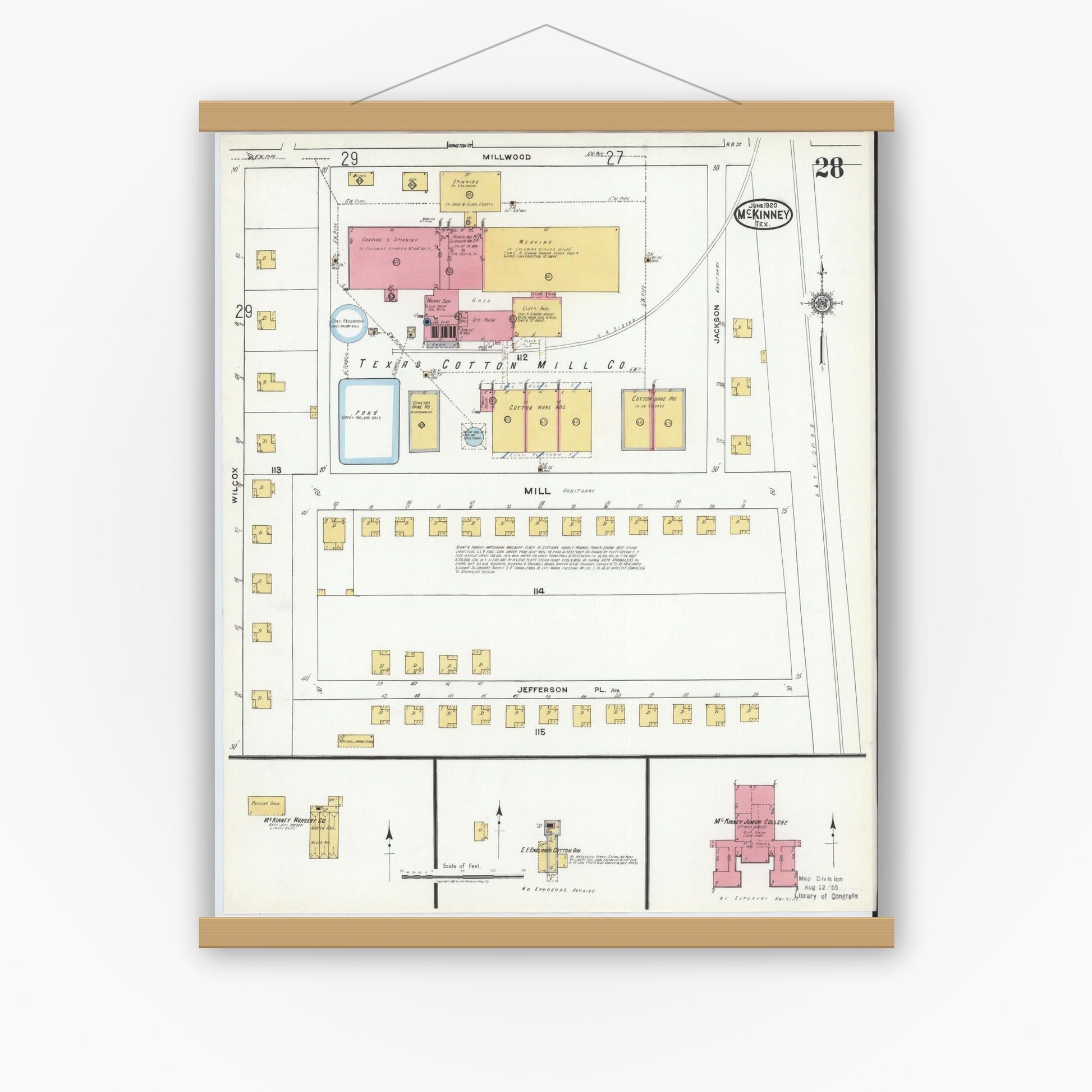 Old map wall art mockup — magnetic wood frame on white wall — Sanborn Fire Insurance Map from McKinney, Collin County, Texas (1920), Sheet #0028