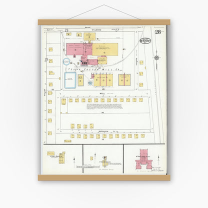 Old map wall art mockup — magnetic wood frame on white wall — Sanborn Fire Insurance Map from McKinney, Collin County, Texas (1920), Sheet #0028