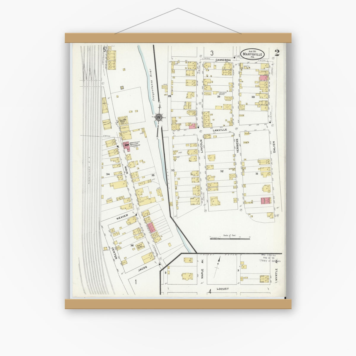 Old map wall art mockup — magnetic wood frame on white wall — Sanborn Fire Insurance Map from Marysville, Perry County, Pennsylvania (1911), Sheet #0002
