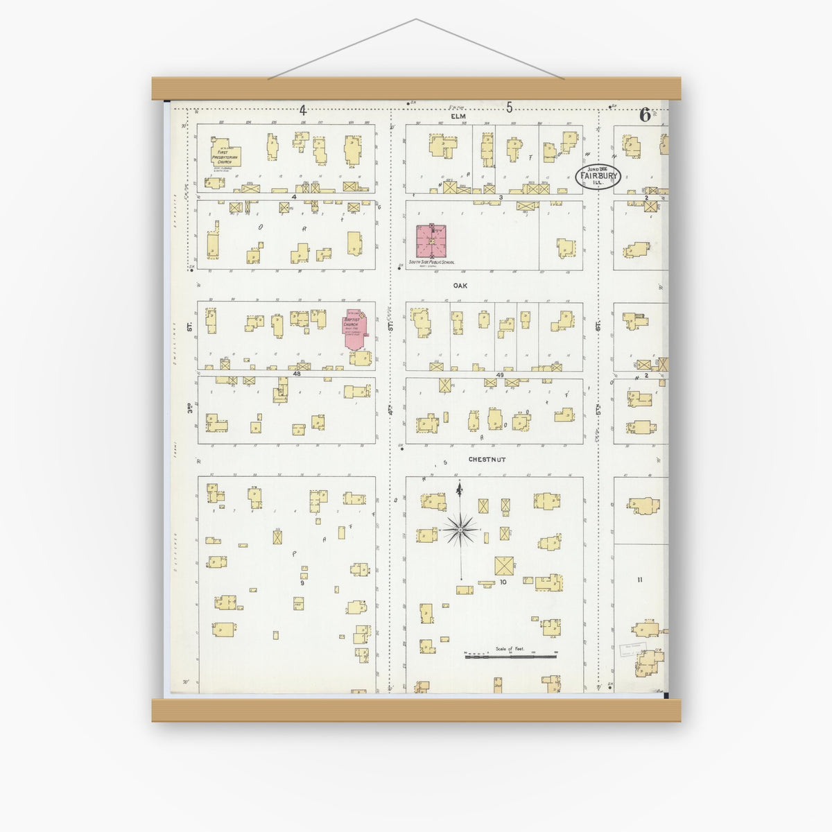 Old map wall art mockup — magnetic wood frame on white wall — Sanborn Fire Insurance Map from Fairbury, Livingston County, Illinois (1906), Sheet #0006