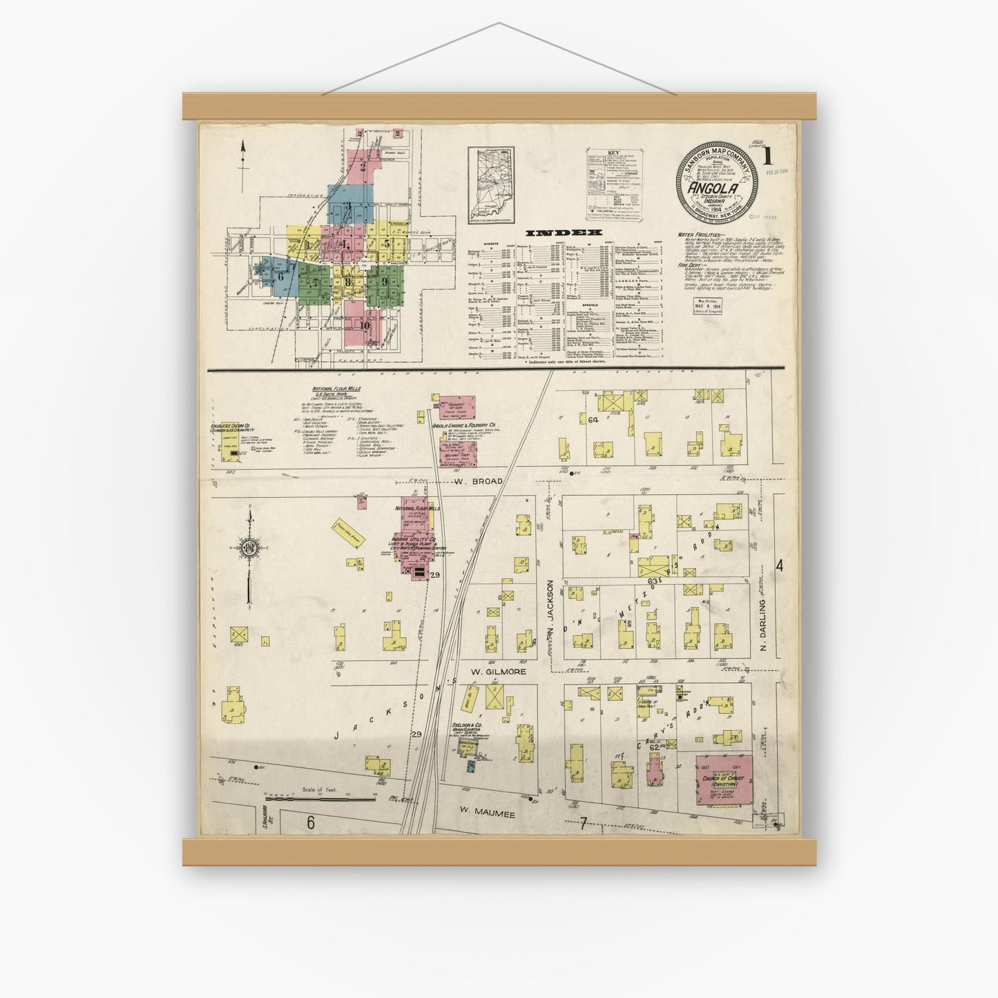 Old map wall art mockup — magnetic wood frame on white wall — Sanborn Fire Insurance Map from Angola, Steuben County, Indiana (1914), Sheet #0001