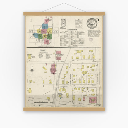 Old map wall art mockup — magnetic wood frame on white wall — Sanborn Fire Insurance Map from Angola, Steuben County, Indiana (1914), Sheet #0001