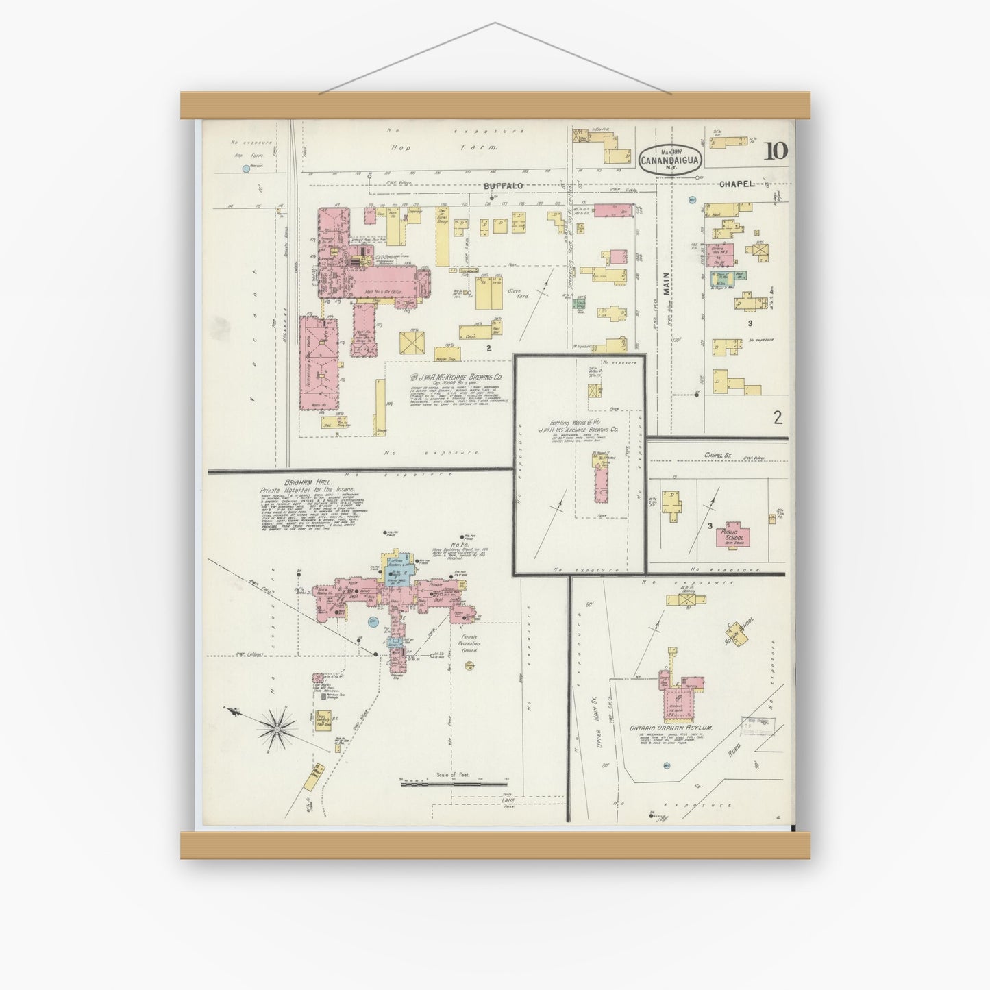 Old map wall art mockup — magnetic wood frame on white wall — Sanborn Fire Insurance Map from Canandaigua, Ontario County, New York (1897), Sheet #0010
