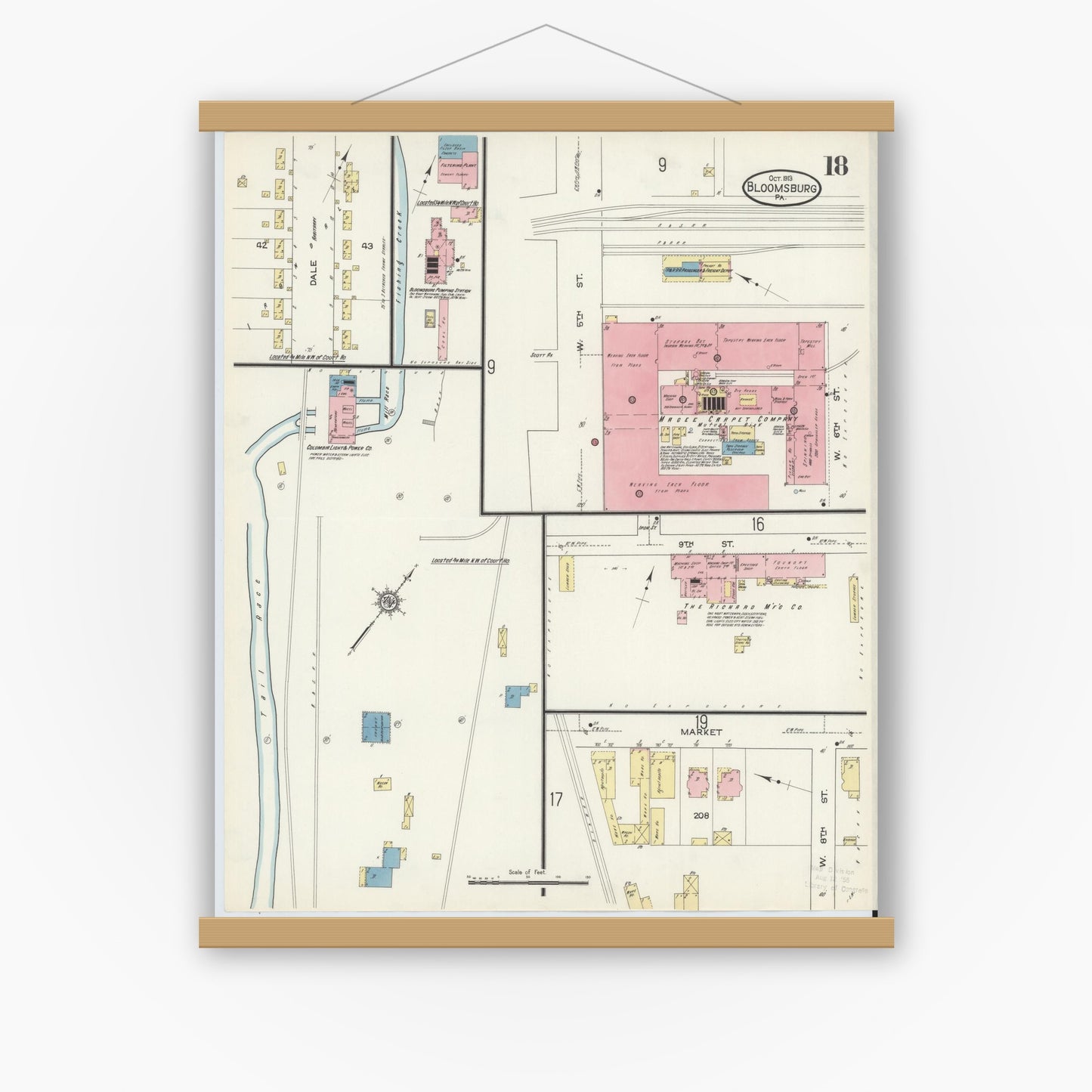 Old map wall art mockup — magnetic wood frame on white wall — Sanborn Fire Insurance Map from Bloomsburg, Columbia County, Pennsylvania (1913), Sheet #0018