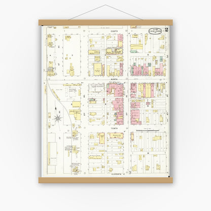 Old map wall art mockup — magnetic wood frame on white wall — Sanborn Fire Insurance Map from Sheldon, O'Brien County, Iowa (1896), Sheet #0002