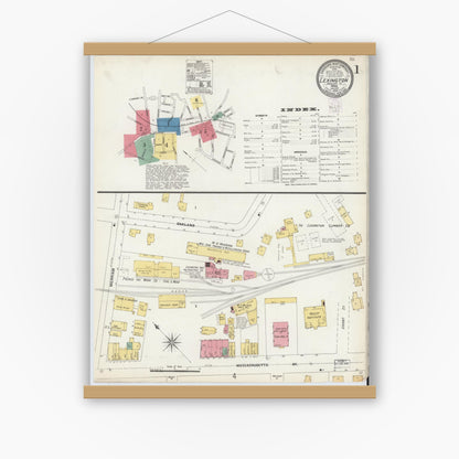 Old map wall art mockup — magnetic wood frame on white wall — Sanborn Fire Insurance Map from Lexington, Middlesex County, Massachusetts (1903) - Complete Map Set