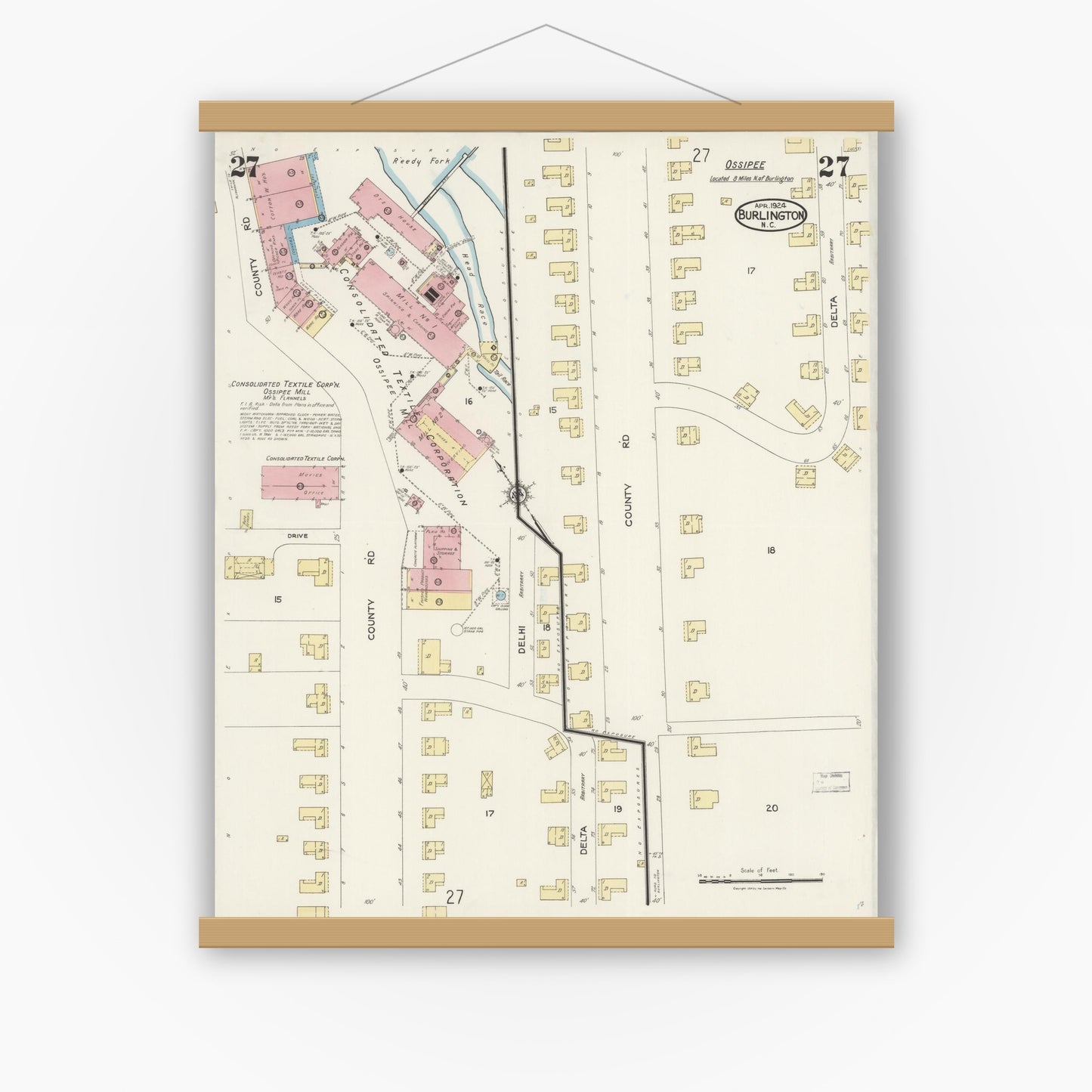 Old map wall art mockup — magnetic wood frame on white wall — Sanborn Fire Insurance Map from Burlington, Alamance County, North Carolina (1924), Sheet #0027