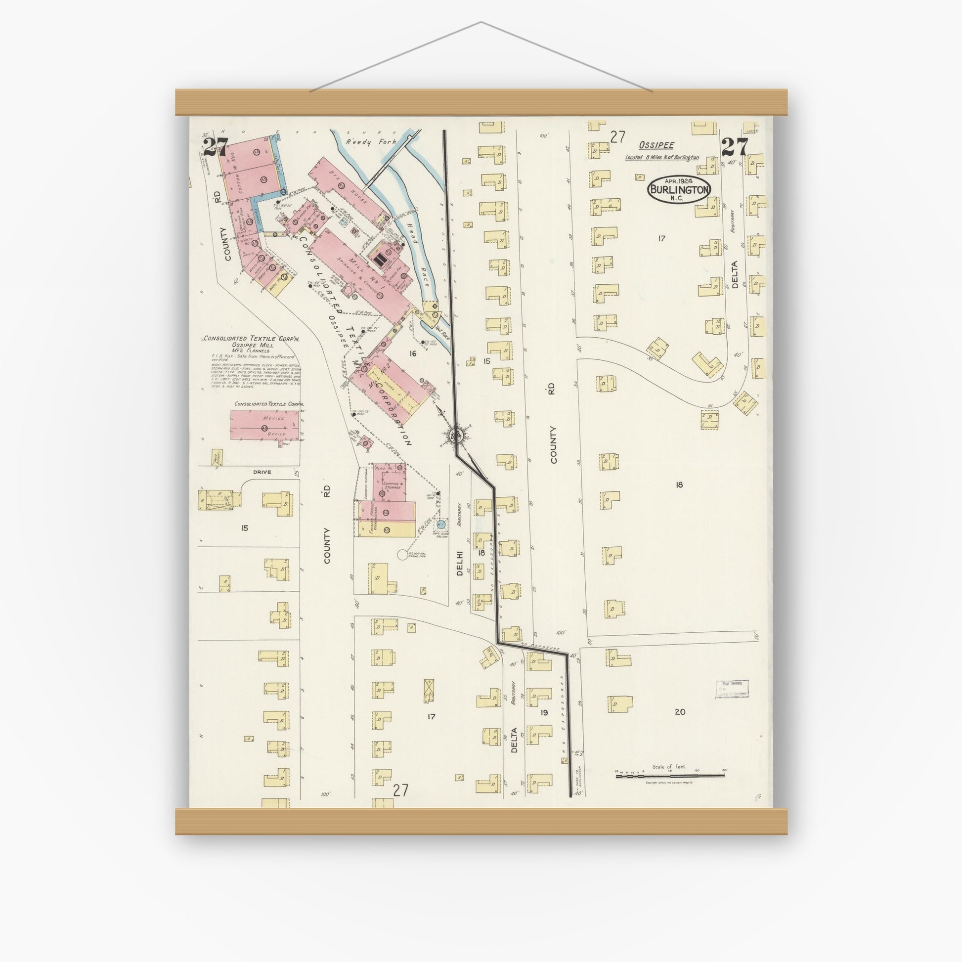 Old map wall art mockup — magnetic wood frame on white wall — Sanborn Fire Insurance Map from Burlington, Alamance County, North Carolina (1924), Sheet #0027