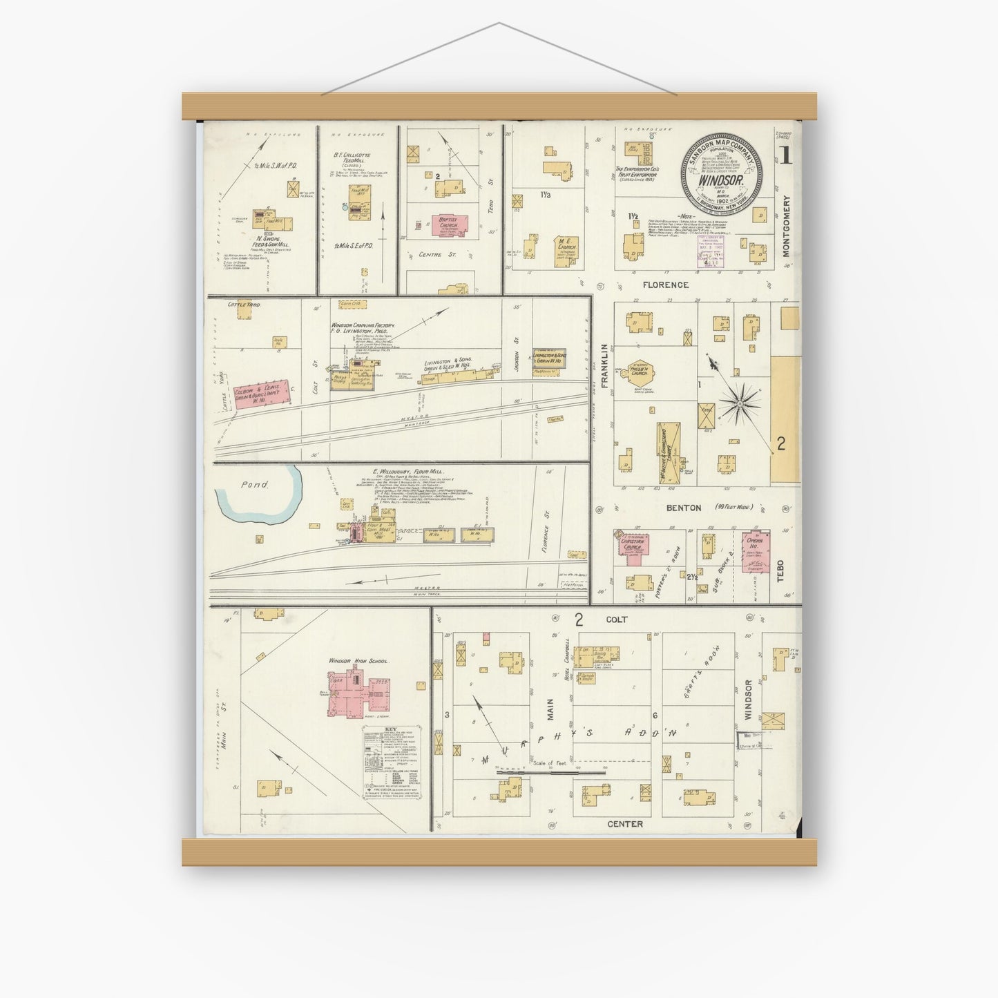 Old map wall art mockup — magnetic wood frame on white wall — Sanborn Fire Insurance Map from Windsor, Henry County, Missouri (1902) - Complete Map Set