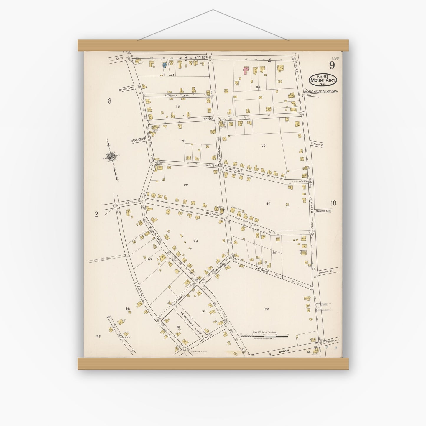 Old map wall art mockup — magnetic wood frame on white wall — Sanborn Fire Insurance Map from Mount Airy, Surry County, North Carolina (1922), Sheet #0009