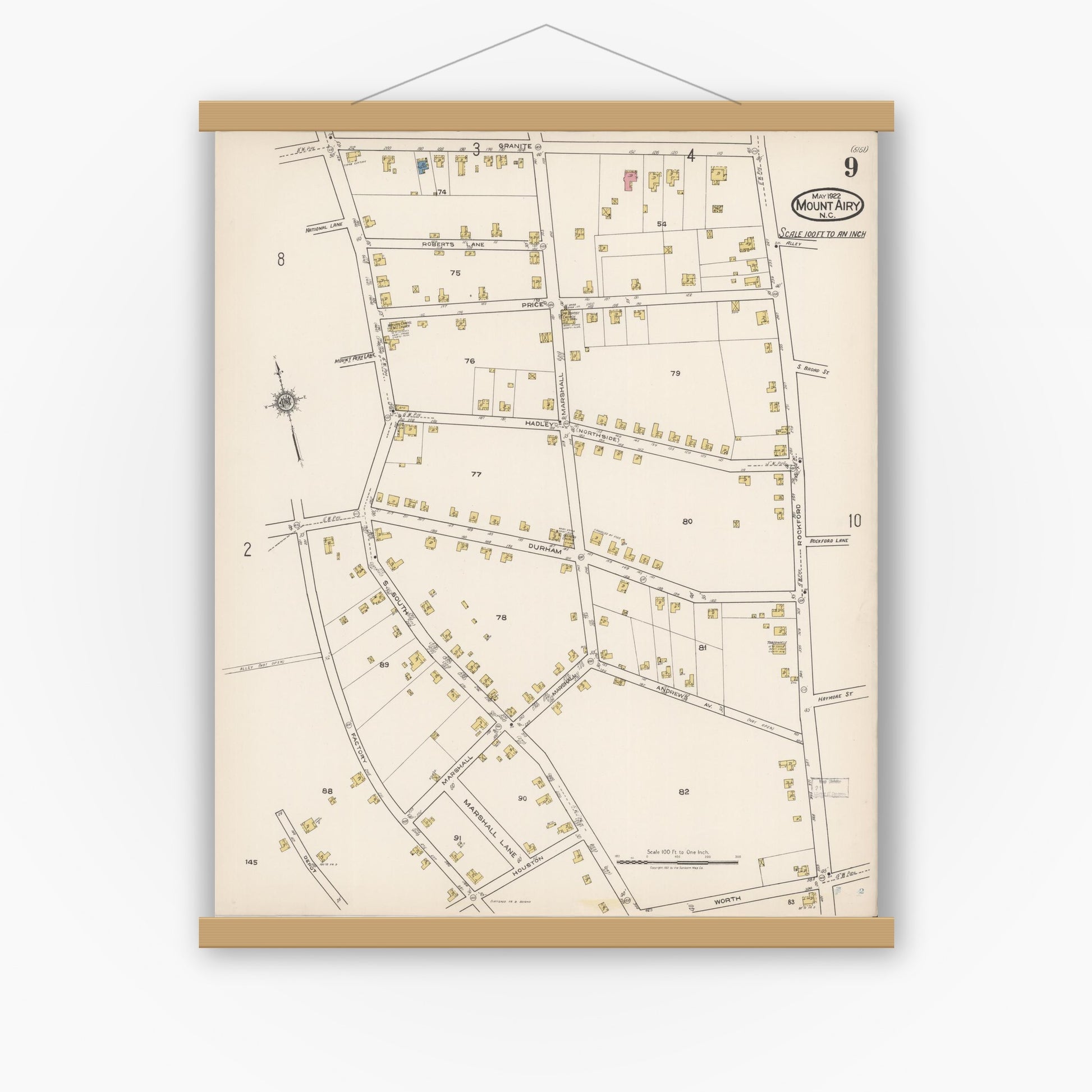 Old map wall art mockup — magnetic wood frame on white wall — Sanborn Fire Insurance Map from Mount Airy, Surry County, North Carolina (1922), Sheet #0009