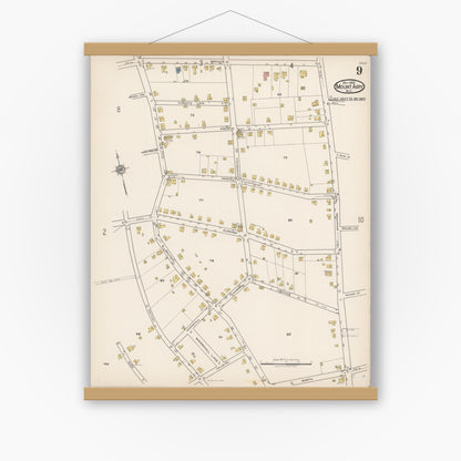Old map wall art mockup — magnetic wood frame on white wall — Sanborn Fire Insurance Map from Mount Airy, Surry County, North Carolina (1922), Sheet #0009
