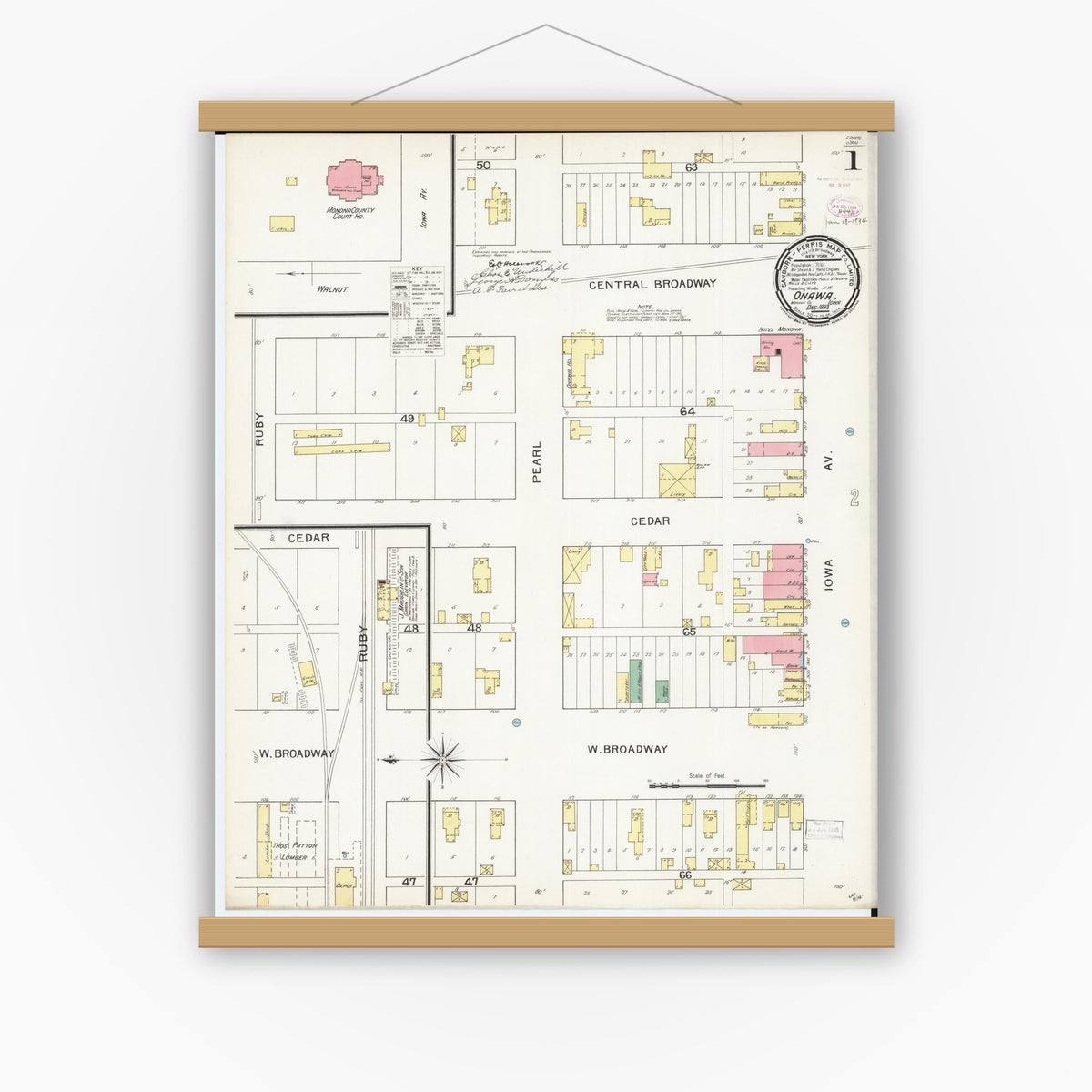 Old map wall art mockup — magnetic wood frame on white wall — Sanborn Fire Insurance Map from Onawa, Monona County, Iowa (1893) â€” Complete Set