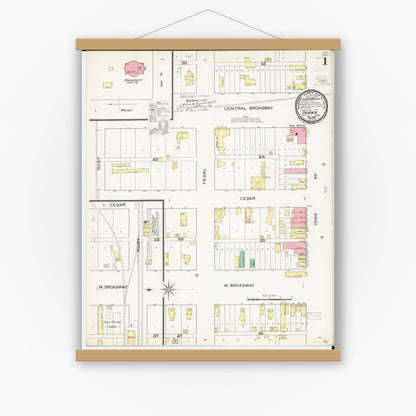 Old map wall art mockup — magnetic wood frame on white wall — Sanborn Fire Insurance Map from Onawa, Monona County, Iowa (1893) â€” Complete Set