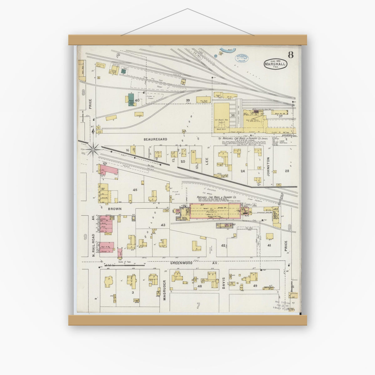 Old map wall art mockup — magnetic wood frame on white wall — Sanborn Fire Insurance Map from Marshall, Harrison County, Texas (1894), Sheet #0008