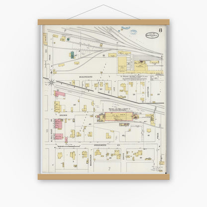 Old map wall art mockup — magnetic wood frame on white wall — Sanborn Fire Insurance Map from Marshall, Harrison County, Texas (1894), Sheet #0008