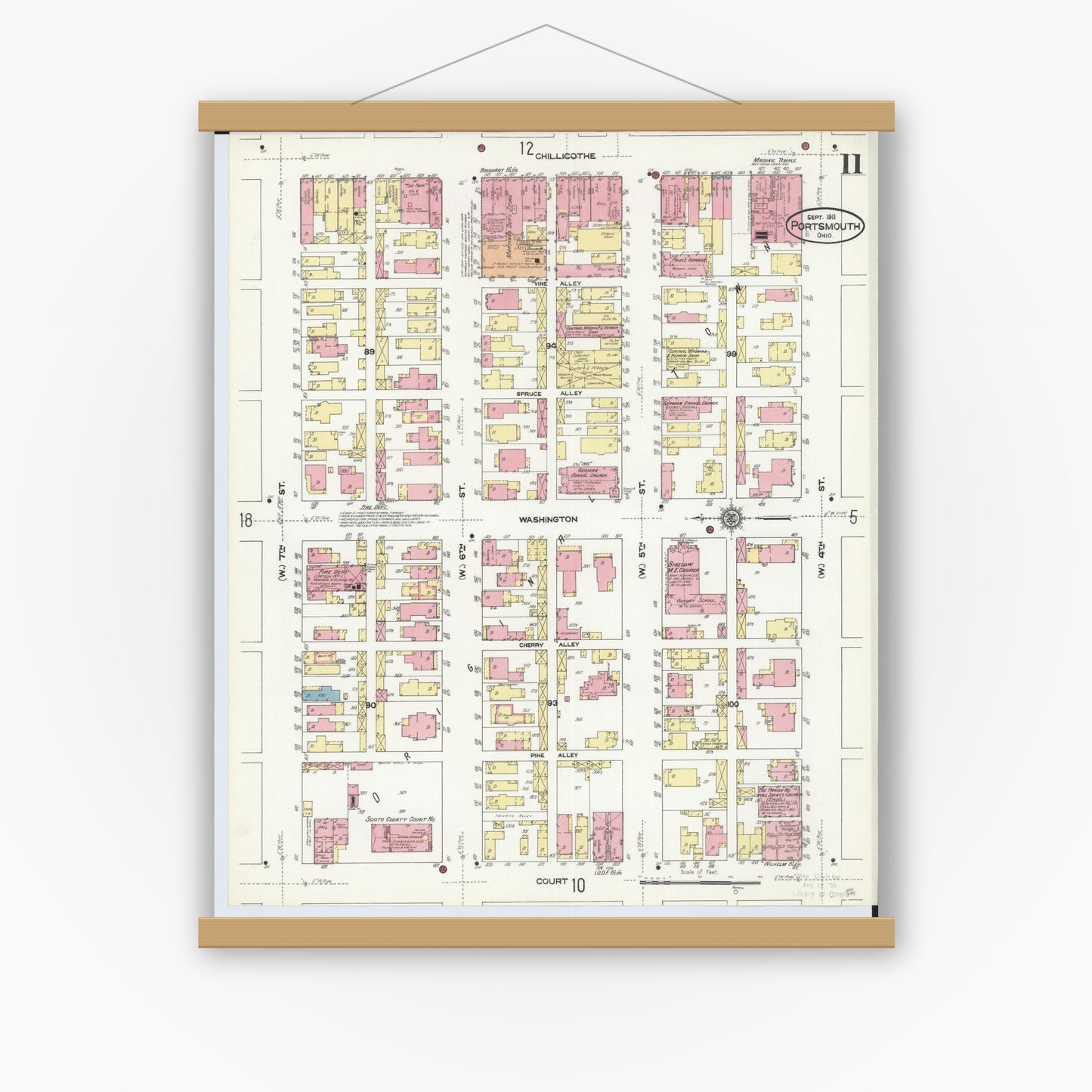 Old map wall art mockup — magnetic wood frame on white wall — Sanborn Fire Insurance Map from Portsmouth, Scioto County, Ohio (1911), Sheet #0011