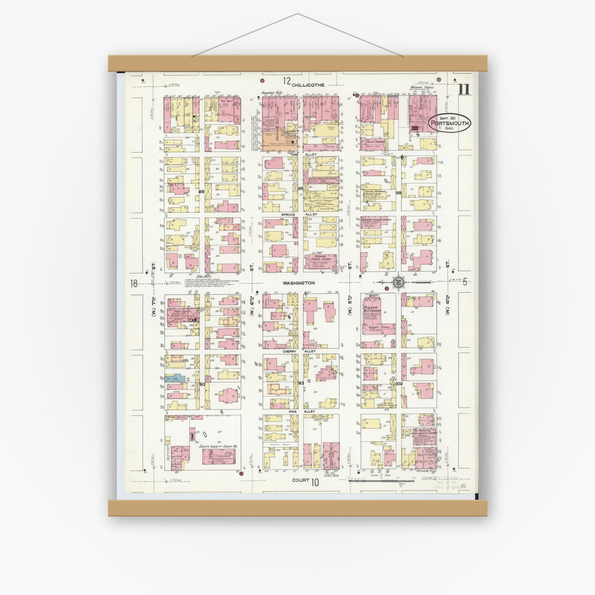 Old map wall art mockup — magnetic wood frame on white wall — Sanborn Fire Insurance Map from Portsmouth, Scioto County, Ohio (1911), Sheet #0011