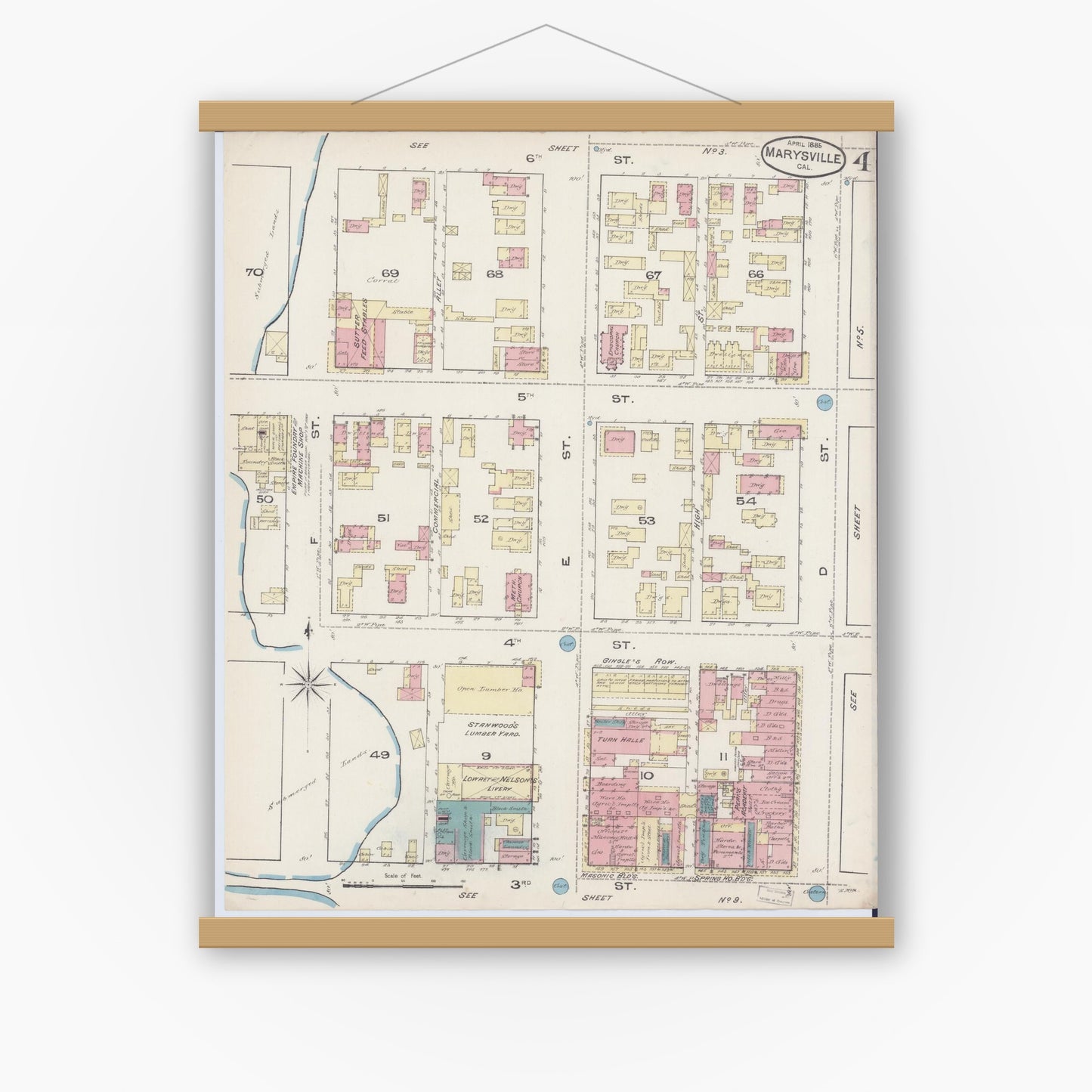 Old map wall art mockup — magnetic wood frame on white wall — Sanborn Fire Insurance Map from Marysville, Yuba County, California (1885), Sheet #0004